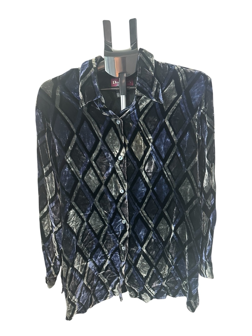 Denim & Co. Vintage Women's Burnout Velvet Argyle Diamond Button Up SX 1X Retro